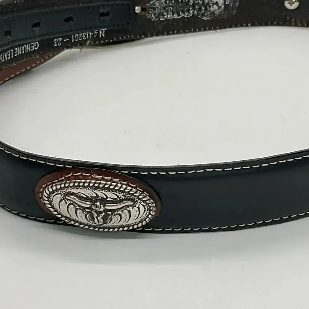 Nocona Brown And Black Leather Belt with Silver Toned embellishments
